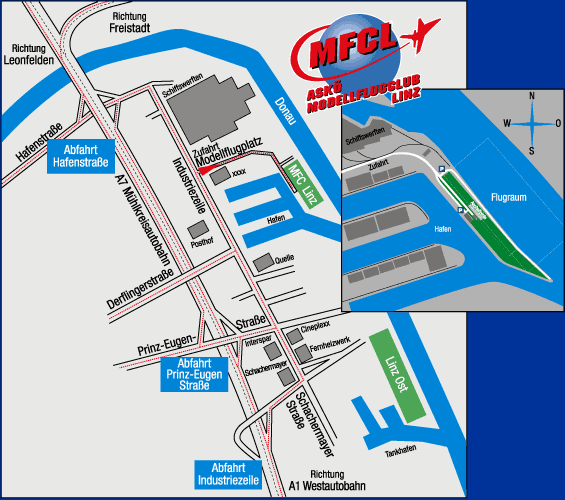 Anfahrtsplan zum Flugplatz des MFC Linz auf Map24.at